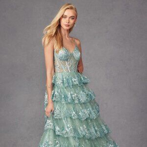 NEW LONG SLEEVELESS SEQUIN LACE EMBELLISHED BALL GOWN WITH RUFFLED SKIRT JT2454K